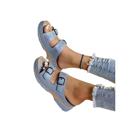 

Welliumy Ladies Platform Sandal Slip On Wedge Sandals Summer Slides Indoor Outdoor Casual Shoes Lightweight Beach Light Blue 4.5