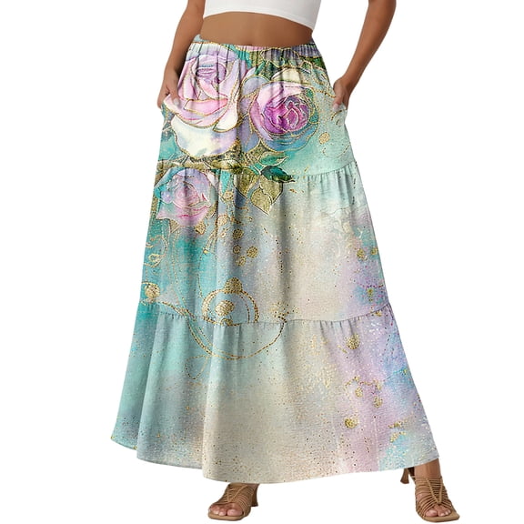 LWavelet Women's Vintage Floral Print Tiered Maxi Skirt, Elastic Waist with Pockets, Boho Spring & Easter Long Skirt Green S