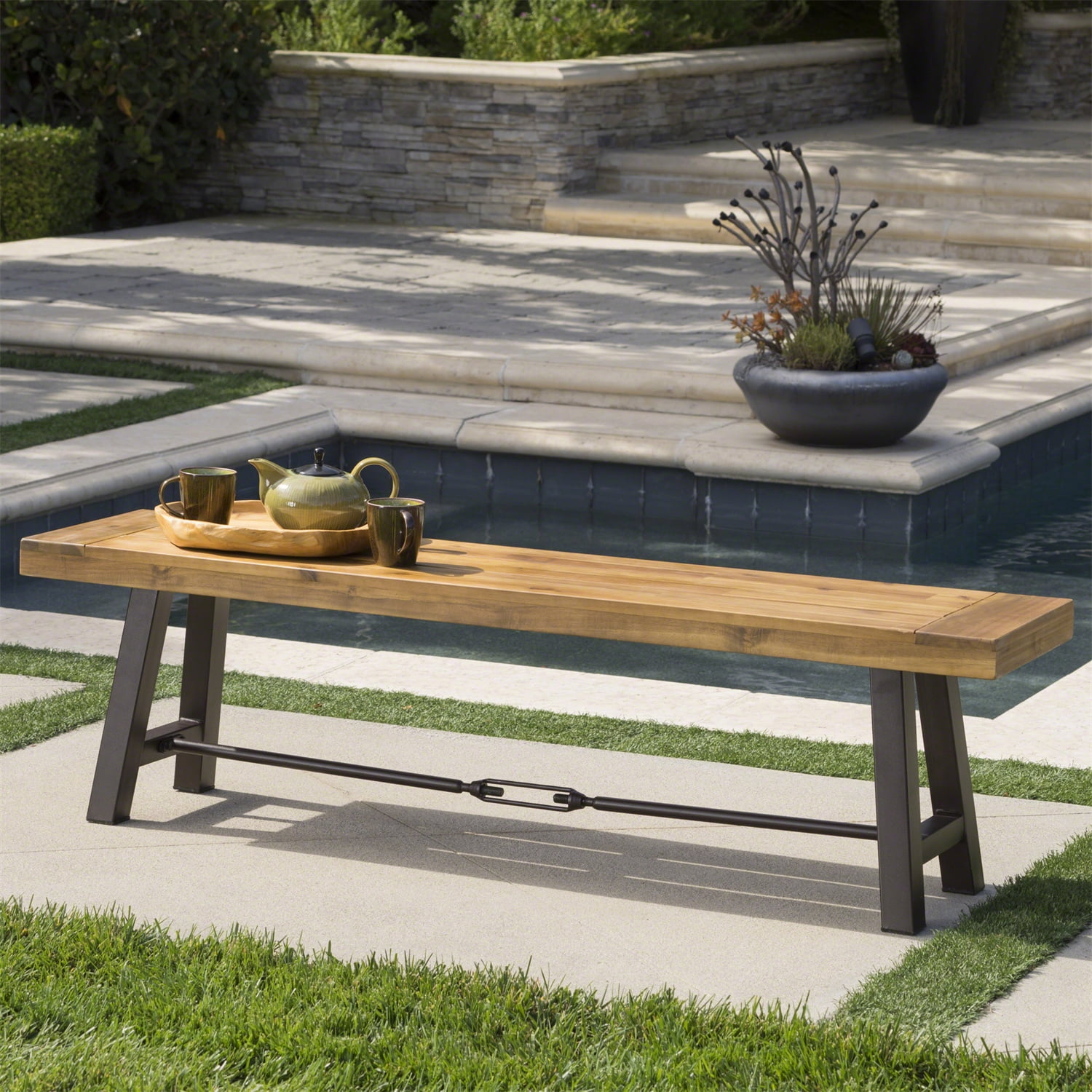 Kepooman Outdoor Acacia Wood Dining Bench, Patio Wooden Picnic Bench for Garden, Porch, Yard - Rustic Metal Kepooman Outdoor Acacia Wood Dining Bench, Patio Wooden Picnic Bench for Garden, Porch, Yard - Rustic Metal