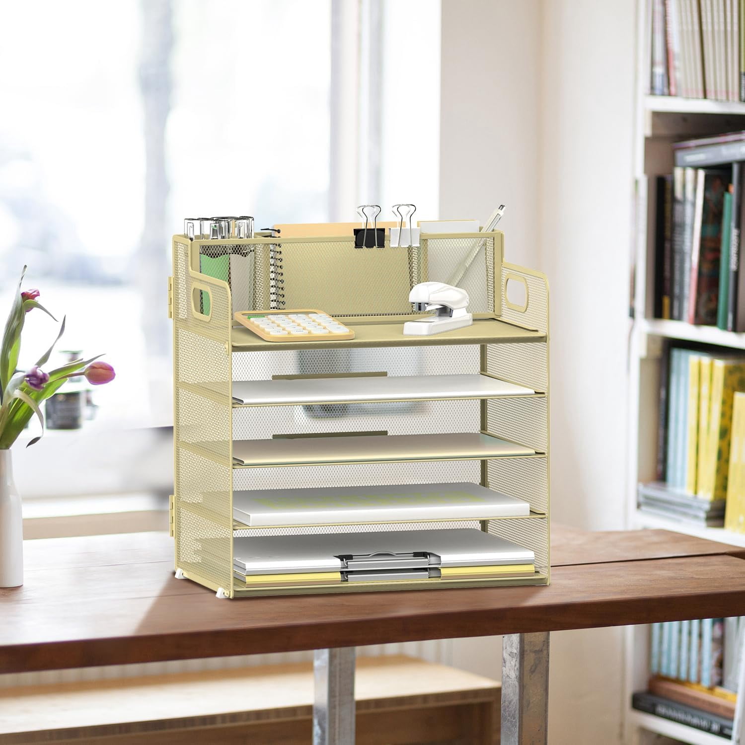 INTIGE 5-Tier Desk Organizer with 3 Pen Holders, Letter Paper Tray, File Holder with Handle
