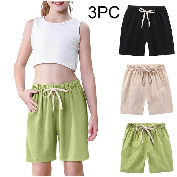 Odeerbi 2-10 Años Niños Niñas 3 Pcs Verano Algodón Lino Pantalones Cortos Entrenamiento Deportivos Cortos Lindo Color Sólido Pantalones Cortos Suaves Respirables
