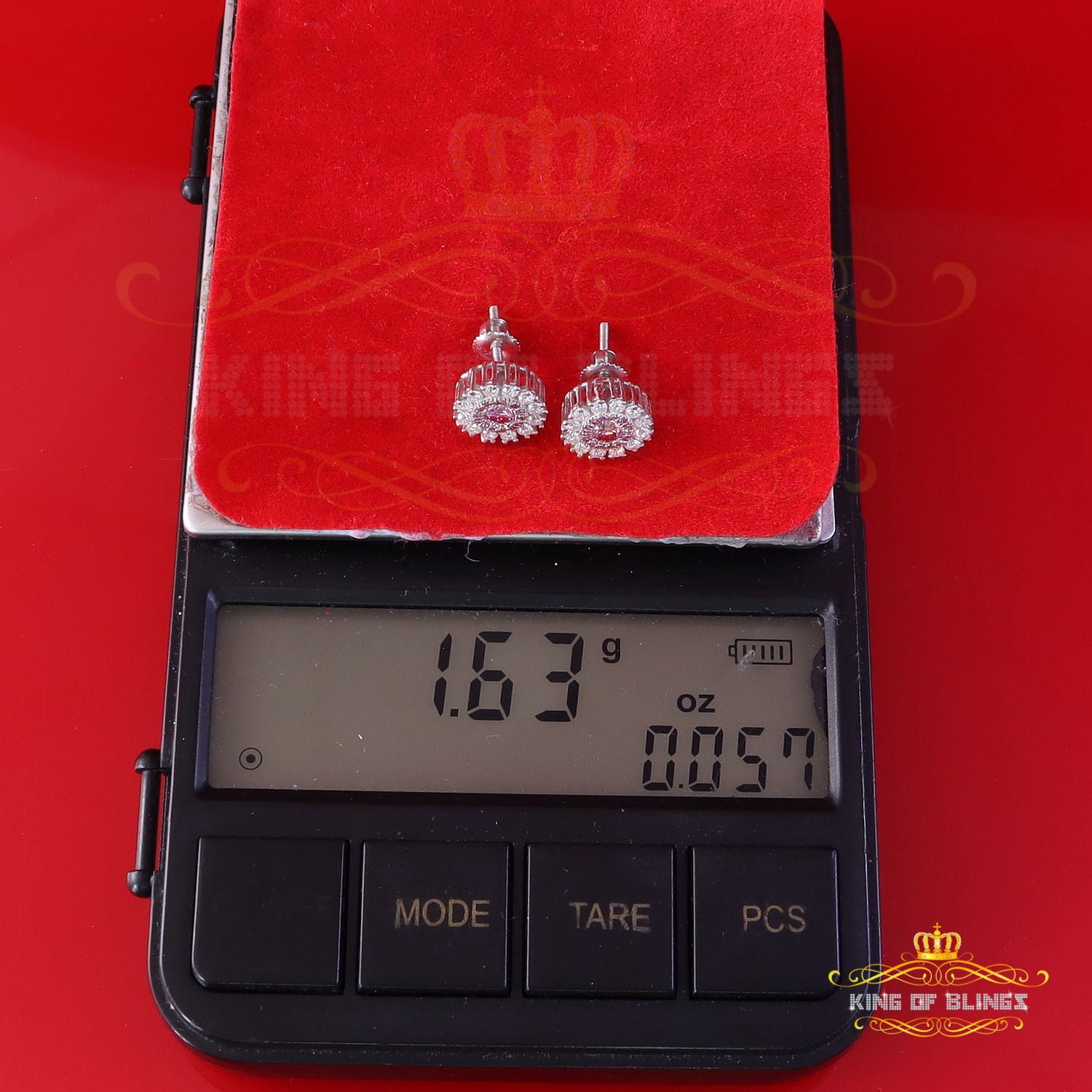 King of Bling's Men's/Women's 925 Silver White 1.00ct VVS D Pink Moissanite Round Stud Earrings