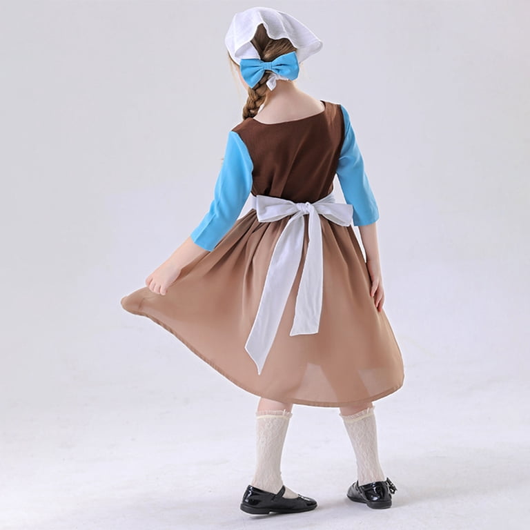 4Pcs Maid Peasant Costume, Storybook Princess Dress, Princess Role Play Gown, Belle Halloween Costume Maid Blue Dress Outfit G'Irls Beauty Princess Village Cosplay Ball Gown Dress Up Props, 120
