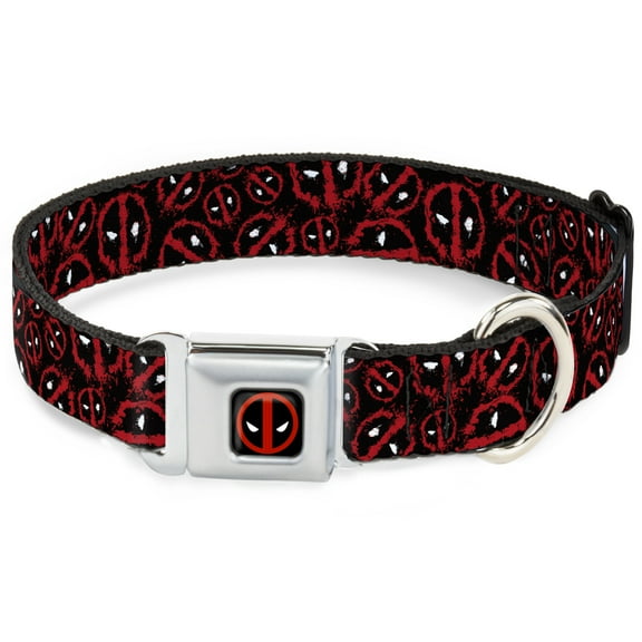 Marvel Comics Pet Collar, Dog Collar Metal Seatbelt Buckle, Deadpool Splatter Logo Scattered Black Red White, 16 to 23 Inches 1.5 Inch Wide