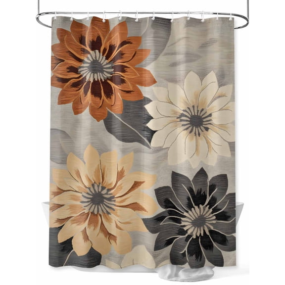 Fsddascl Burnt Orange Grey Black Flower Shower Curtain Set - Small 36" x 72" Washable Bathtub Curtain with 12 Hooks, Spring Floral Botanical Waterproof Fabric Stall Shower Curtains for Bathroom