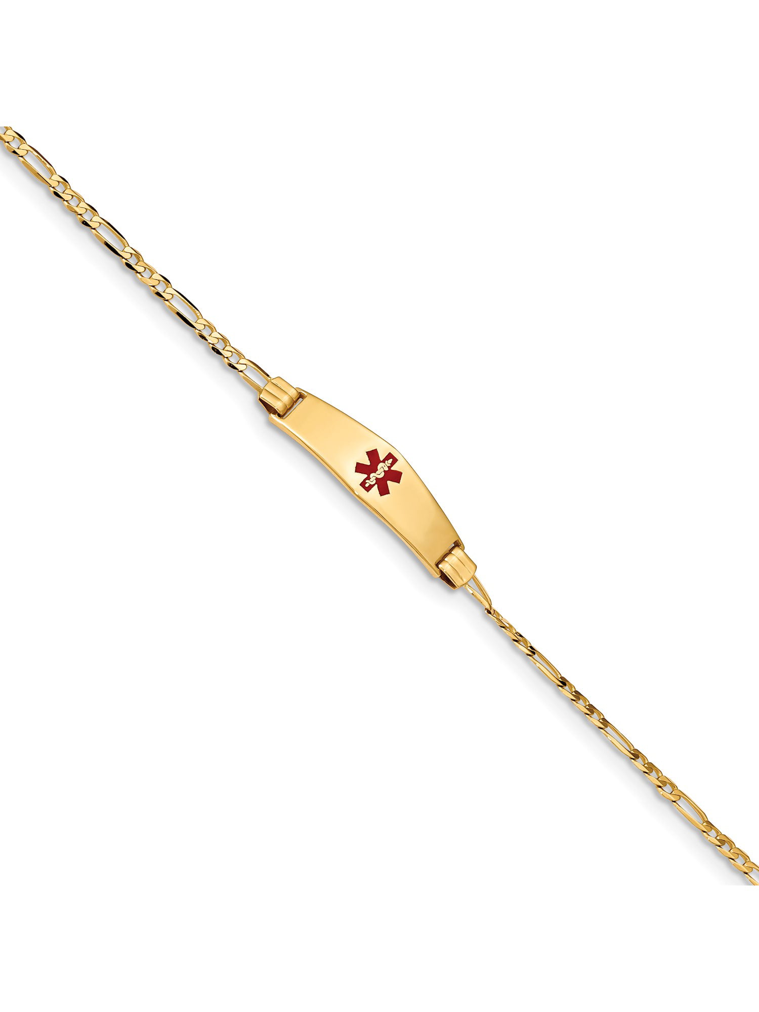 with Secure Lobster Lock Clasp 7.5mm Solid 14k Yellow Gold Medical Soft Diamond-Shape Red Enamel Figaro ID Bracelet