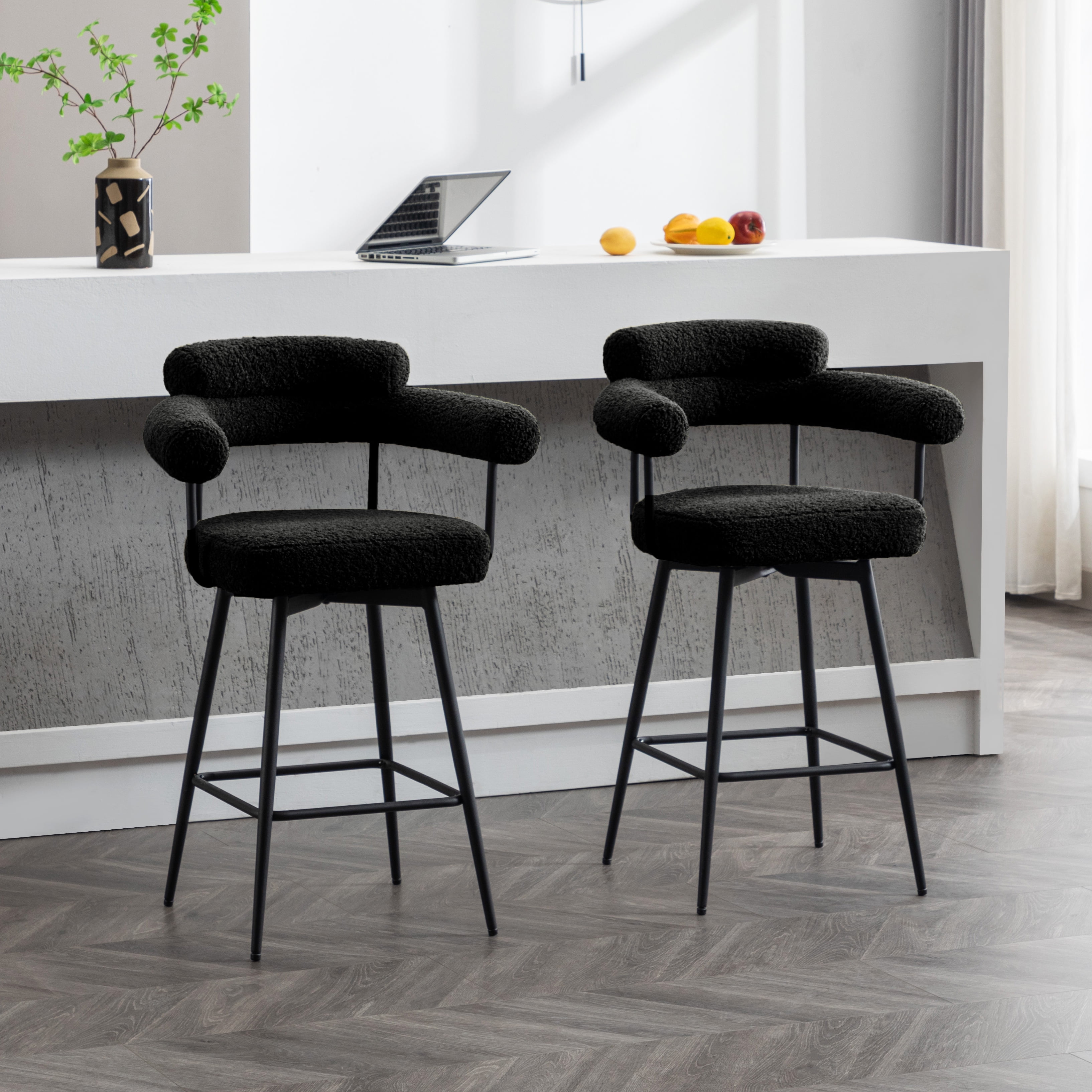 Zesthouse 26.7" Swivel Counter Stools Set of 2, Upholstered Sherpa Bar Stools with Back and Metal Legs, Modern Counter Height Chairs for Kitchen Island, Black