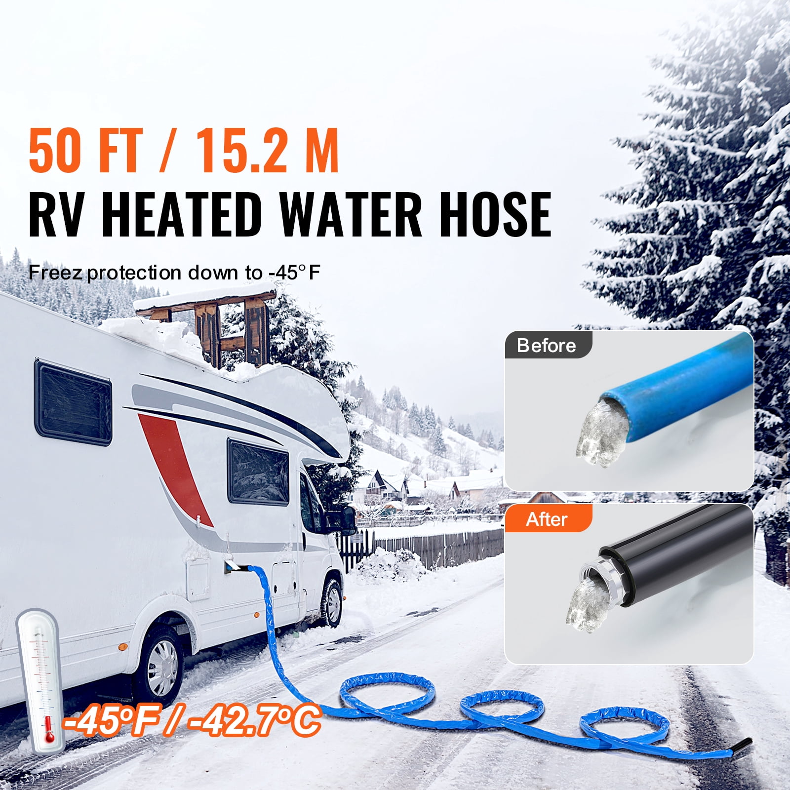 KFFKFF 50ft Warming Water Hose for Recreational Vehicle, Temperature Controlled Drinking Water Hose with Wave-like Cover Resistant to -45°F, Self-adjusting, 5/8" Inner Diameter