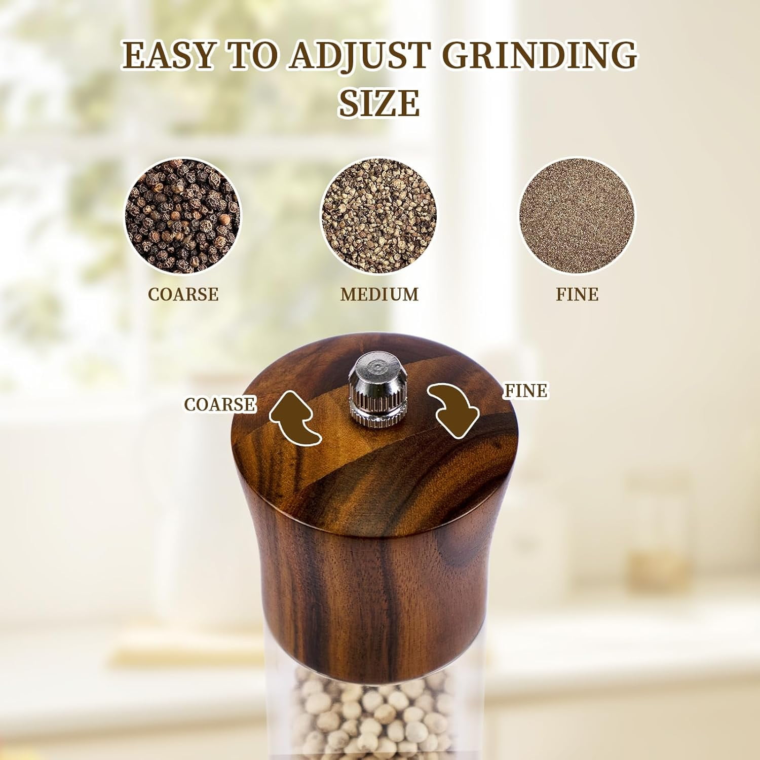 Acacia Wood Premium Acrylic Salt Grinder and Pepper Grinder Set 8 Inches Salt and Pepper Mill Set, Manual Salt and Pepper Mills- Wooden Shakers with Adjustable Ceramic Core 2 Pack