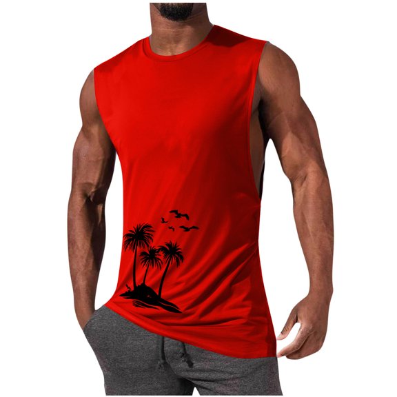 CLOISE Tank Tops for Men Sleevelss Hawaiian Big and Tall Shirts Crewneck Workout Pullover Palm Frond Beach Wear Red 3XL