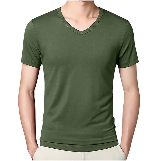 Camisas Casuales de los Hombres de Verano Corto Suelto Cuello en V Camisa Al Aire Libre 100% Viscosa, Transpirable Y Elástico para el Uso de Clima Cálido