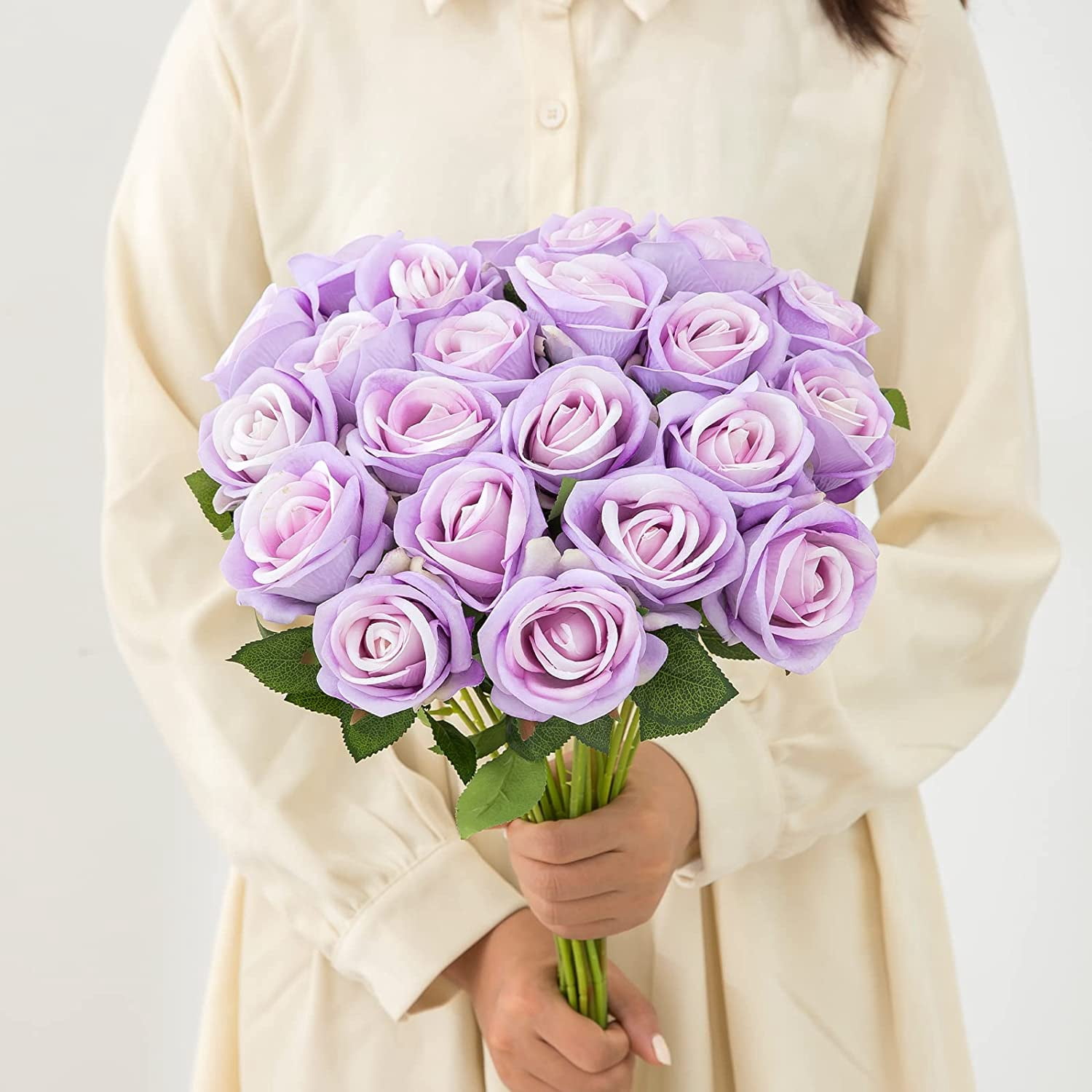 Fake Roses Artificial Silk Flowers - Purple Roses Artificial Faux Flowers with Stems for Home Wedding Centerpiece Hotel Office Decor