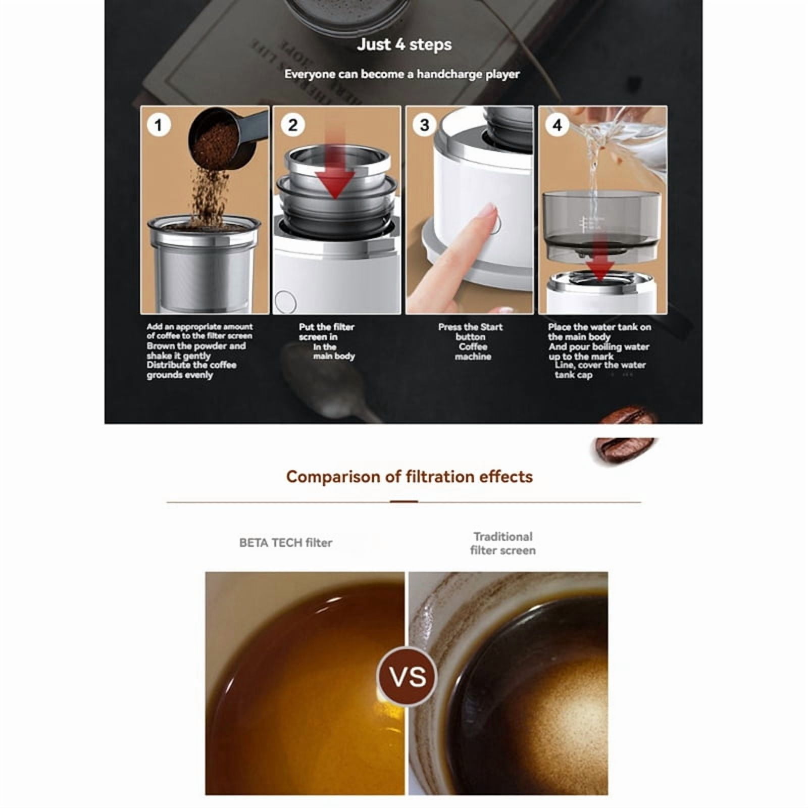 Portable Hand-Pressed Coffee Maker with Stainless Steel Filter Automatic Drip for Travel, Camping,