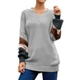 thumbnail image 1 of Women Stripe Colorblock Lantern Long Sleeve V Neck Sweater, 1 of 4