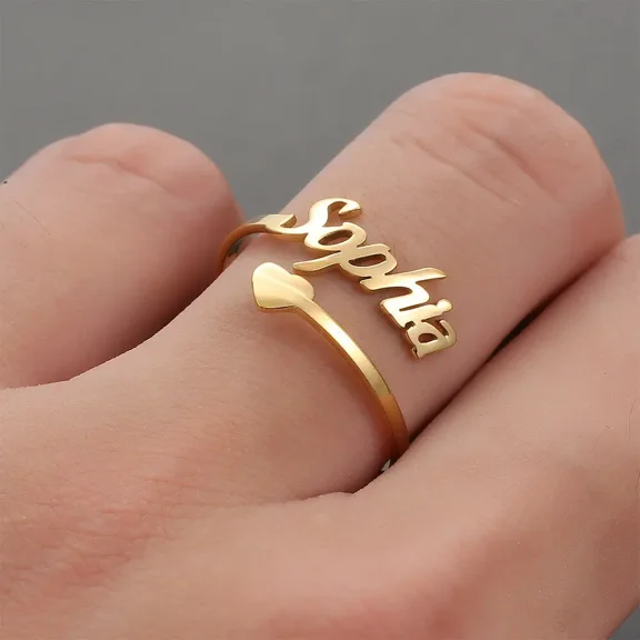 Customized Name Ring With Love Pattern Ring Person Ality Ladies 14K Yellow Gold Adjustable ring Wedding Jewelry