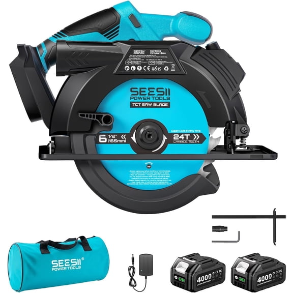 Seesii 6-1/2" Cordless Circular Saw with Battery and Charger,5200 RPM Electric Power Saw with Laser and Rip Guide for Precise Wood Cutting,Max Cut Depth 2-1/4"(90°),1-7/16" (45°) for Home Renovation