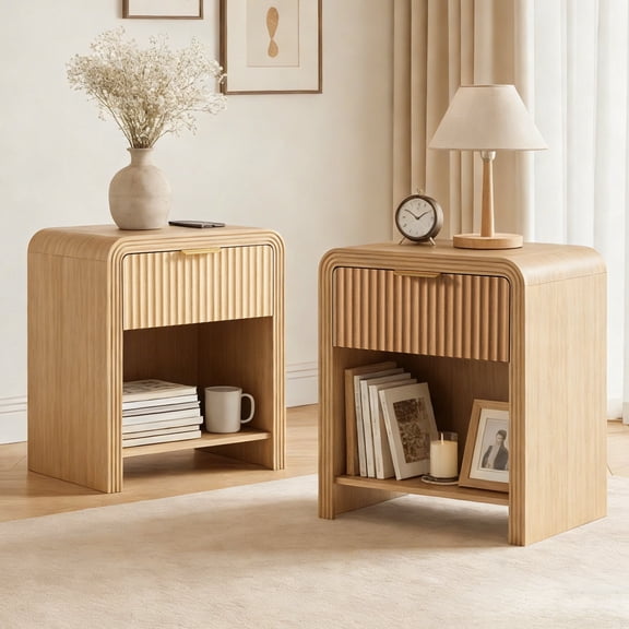 Easoger Fluted Nightstand Set of 2 with Charging Station, Modern Bedroom Side Table with Gold Handles & Open Shelf, Oak color