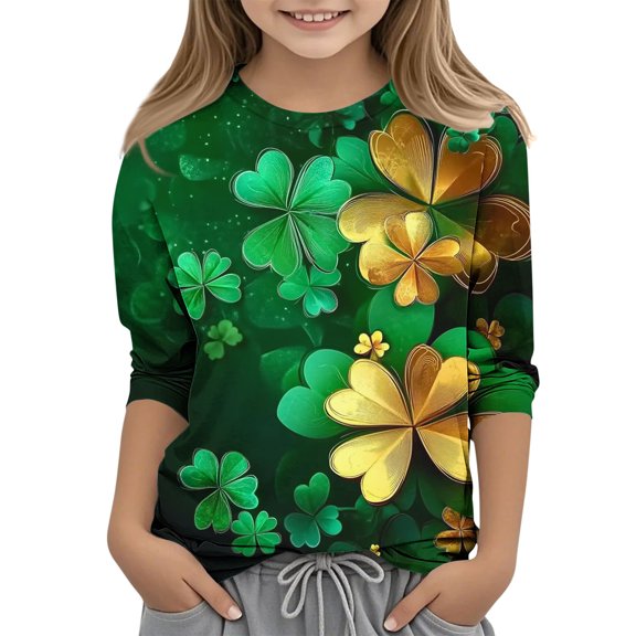 hengsof Girls Fashion Printed 3/4 Sleeve Crew Neck T-Shirt Kids St. Patrick's Day Holiday Top Ages 3-12 Stylish Casual Pullover