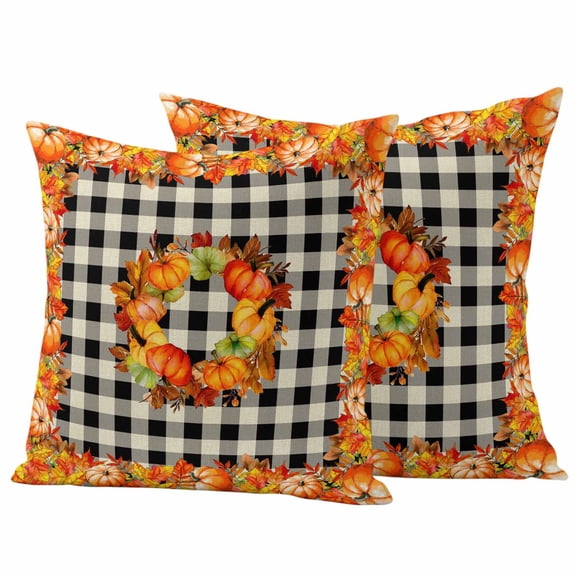 Outdoor Pillow Covers 24 x 24 Inches, Thanksgiving Pumpkin Waterproof Throw Pillow Cover Set of 2, Fall Maple Leaves Black Plaid Decorative Square Cushion Covers for Patio/Tent/Couch/Garden