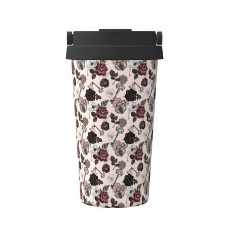 

Qekee Retro Red Black Roses Print Insulated Coffee Mug Coffee Tumbler Cup Thermos Mug Water Bottle with Handle & Flip