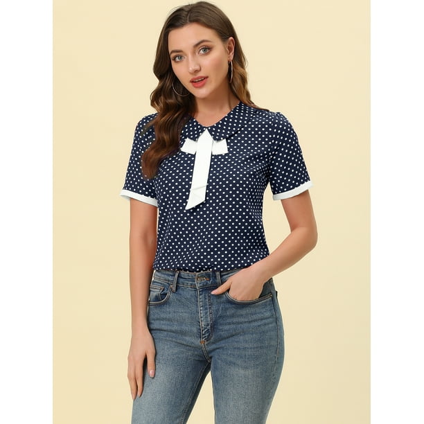 Top de blusa de manga corta con cuello vuelto con lunares para mujer Azul oscuro XL Allegra K vintage retro suavemente elegantes en blanco y negro Bodega Aurrera en linea