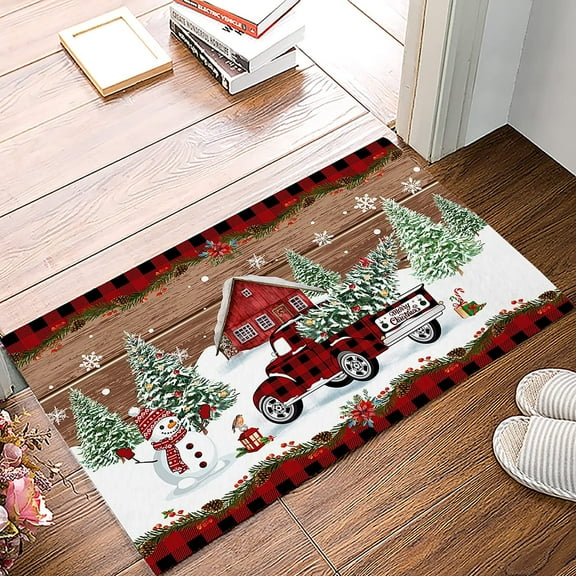 Christmas Red Truck Door Mat, Xmas Snowman Floor Mats for Bedroom Decor, Snowflake Xmas Tree Holiday Rugs for Living Room, Absorbent Non-Slip Bathroom Rugs, Home Decor Kitchen Mat Area Rug 16x24 Inch