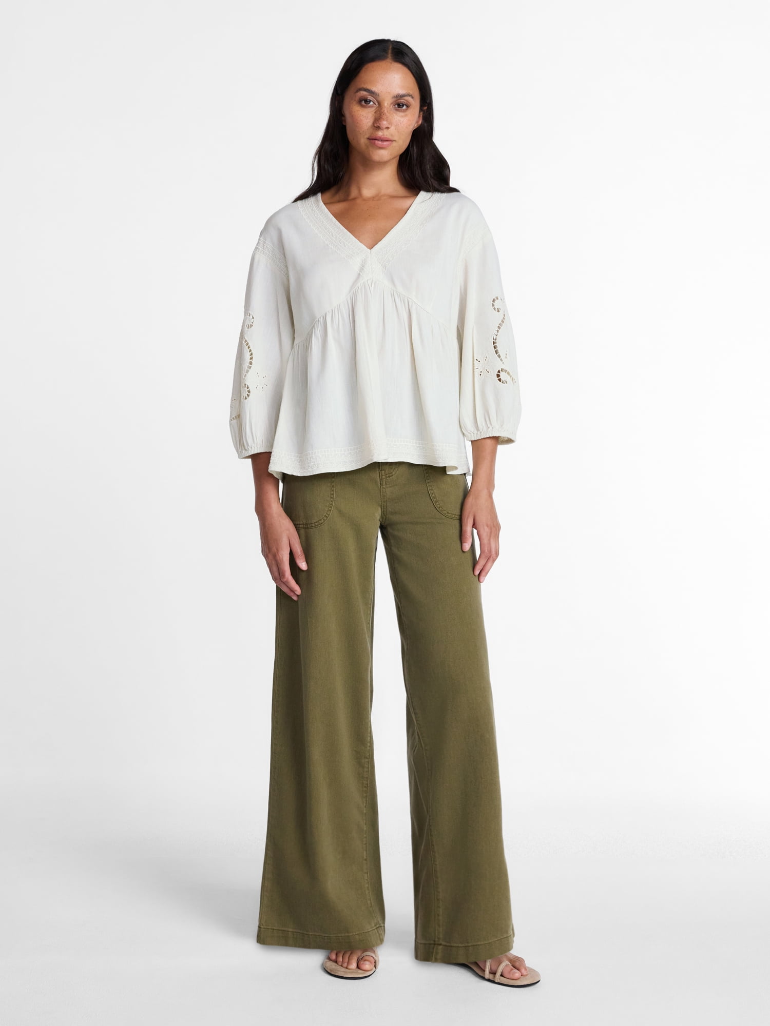 Time and Tru Women's Long Sleeve Poet Sleeve Broderie Anglaise Top, Sizes XS-XXXL