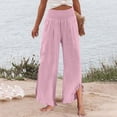 thumbnail image 7 of Women Linen Pants Summer Ruffle Wide Leg Palazzo Pants Dressy Smocked Waist Wide Leg Pant Boho Flowy Beach Pant Pink XL, 7 of 7
