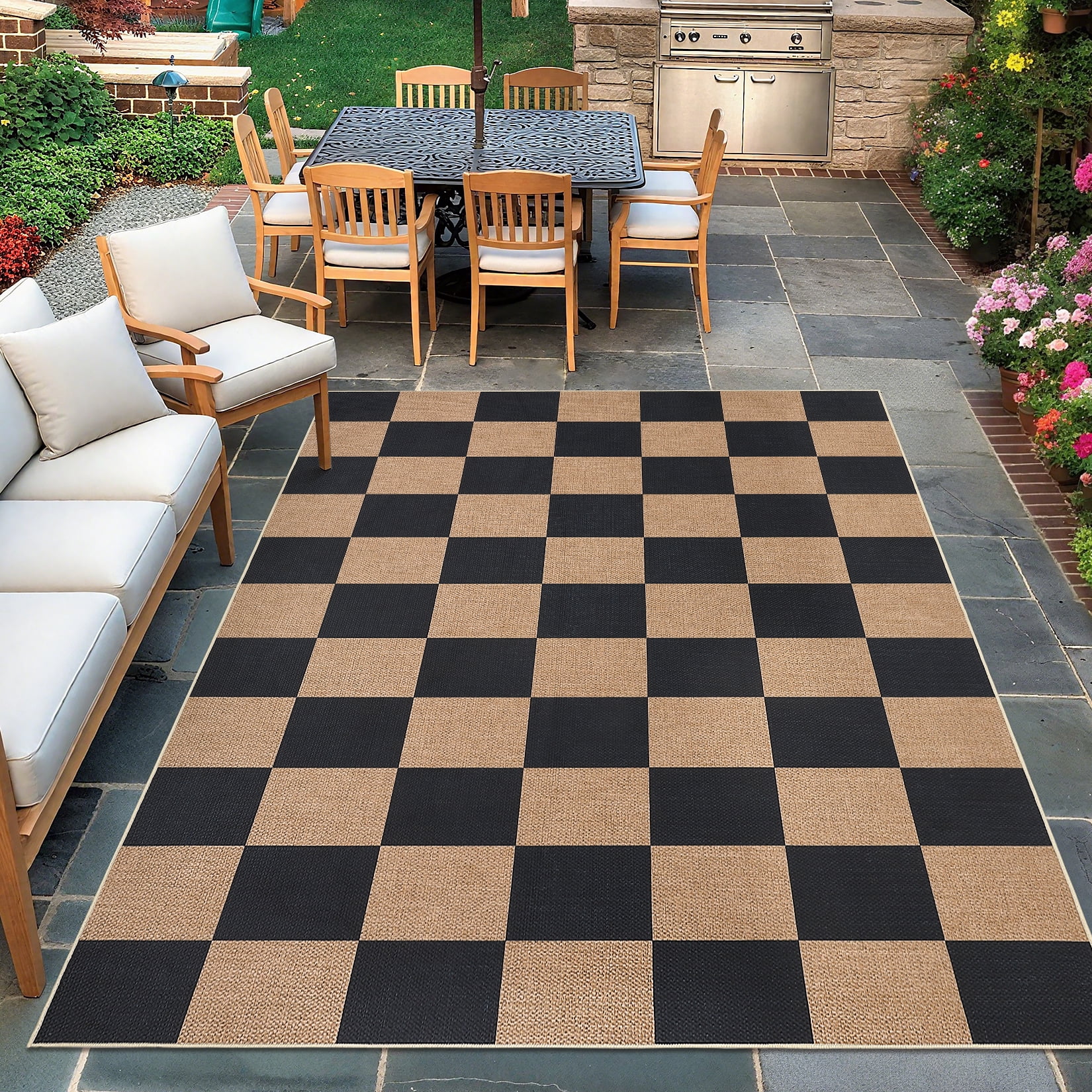 Hasoo Easy Jute Check Area Rug for Living Room Washable 5' x 7' Non Shedding Neutral Indoor/Outdoor Decor Carpet, Brown/Black