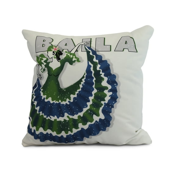 Simply Daisy, 18" x 18" Cuban Dancer Baila, Word Print Outdoor Pillow, Green
