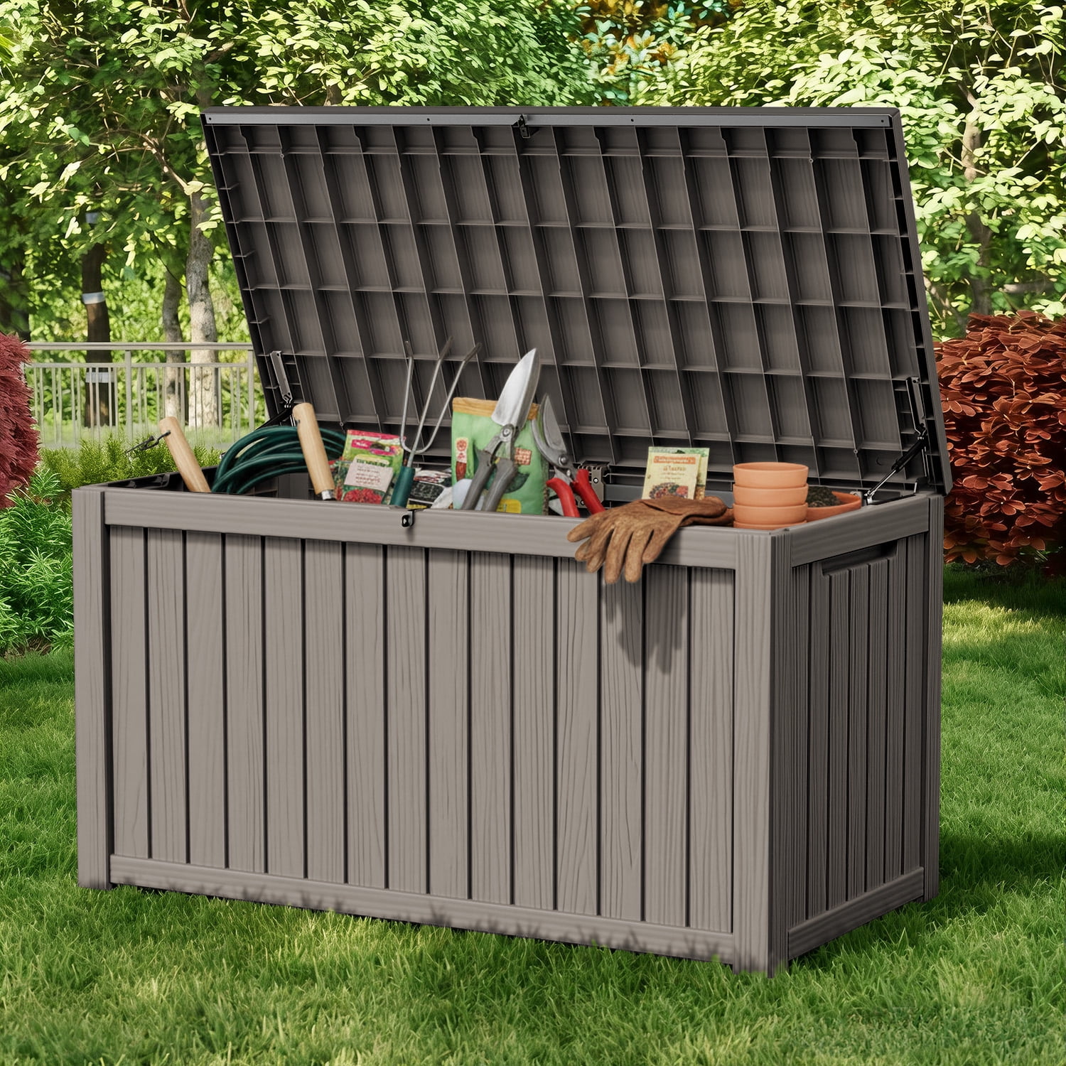 MAYEERTY 180 Gallon Outdoor Deck Box, Large Capacity Storage Box for Patio Furniture Cushions, Pillow Outdoor Indoor, Light Brown