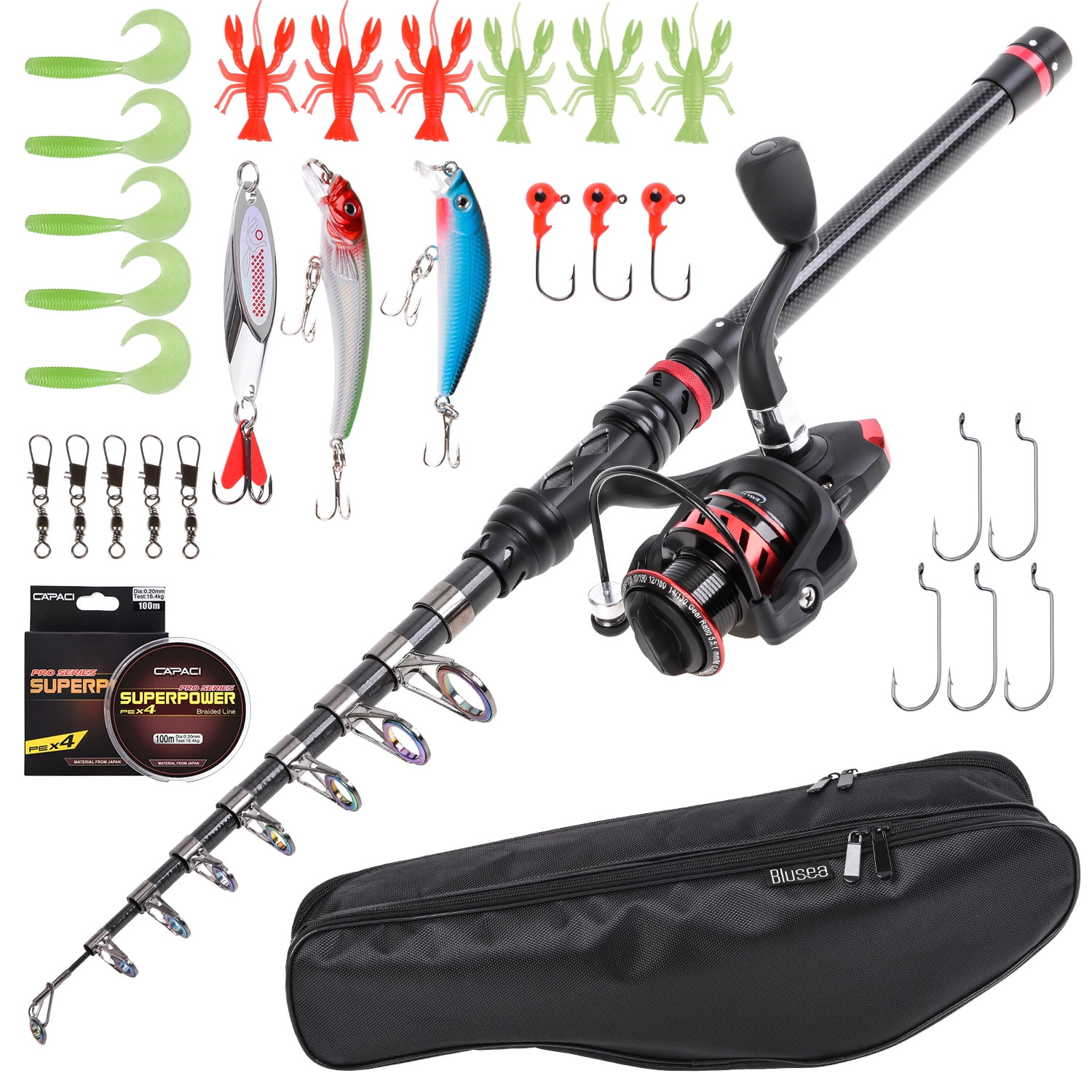 Blusea Fishing Rod Reel Combo Full Kit  with Hooks Storage Bag Brand New L6P1 