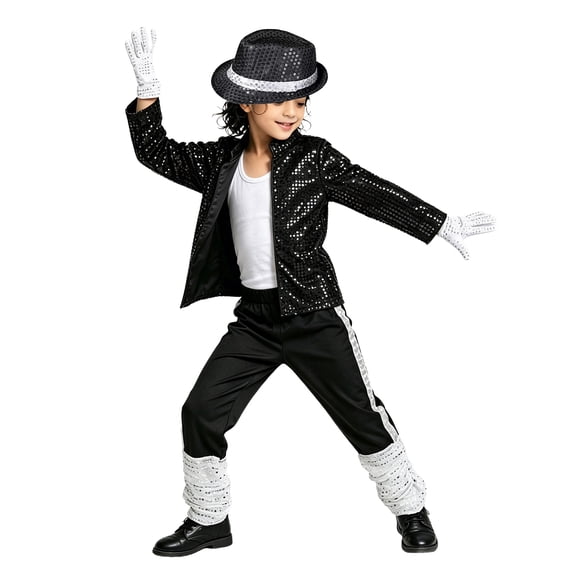 Boys Dance Outfits 80s 90s Kids Pop Star 𝐂ostume 4 Piece Set | Black Sequin Jacket, Trousers, Hat, Gloves, 80s Retro Stage Outfit,Fit Boys and Girls