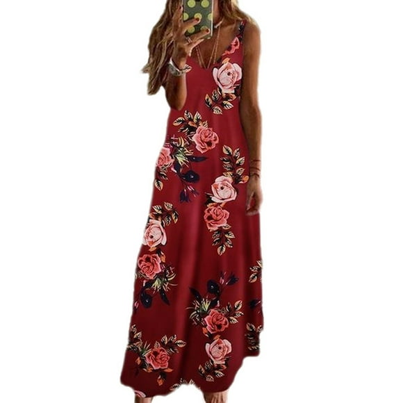 Women Fashion Floral Printed Vacation Dress, Sling V Neck Casual Long Dress Maxi Dress