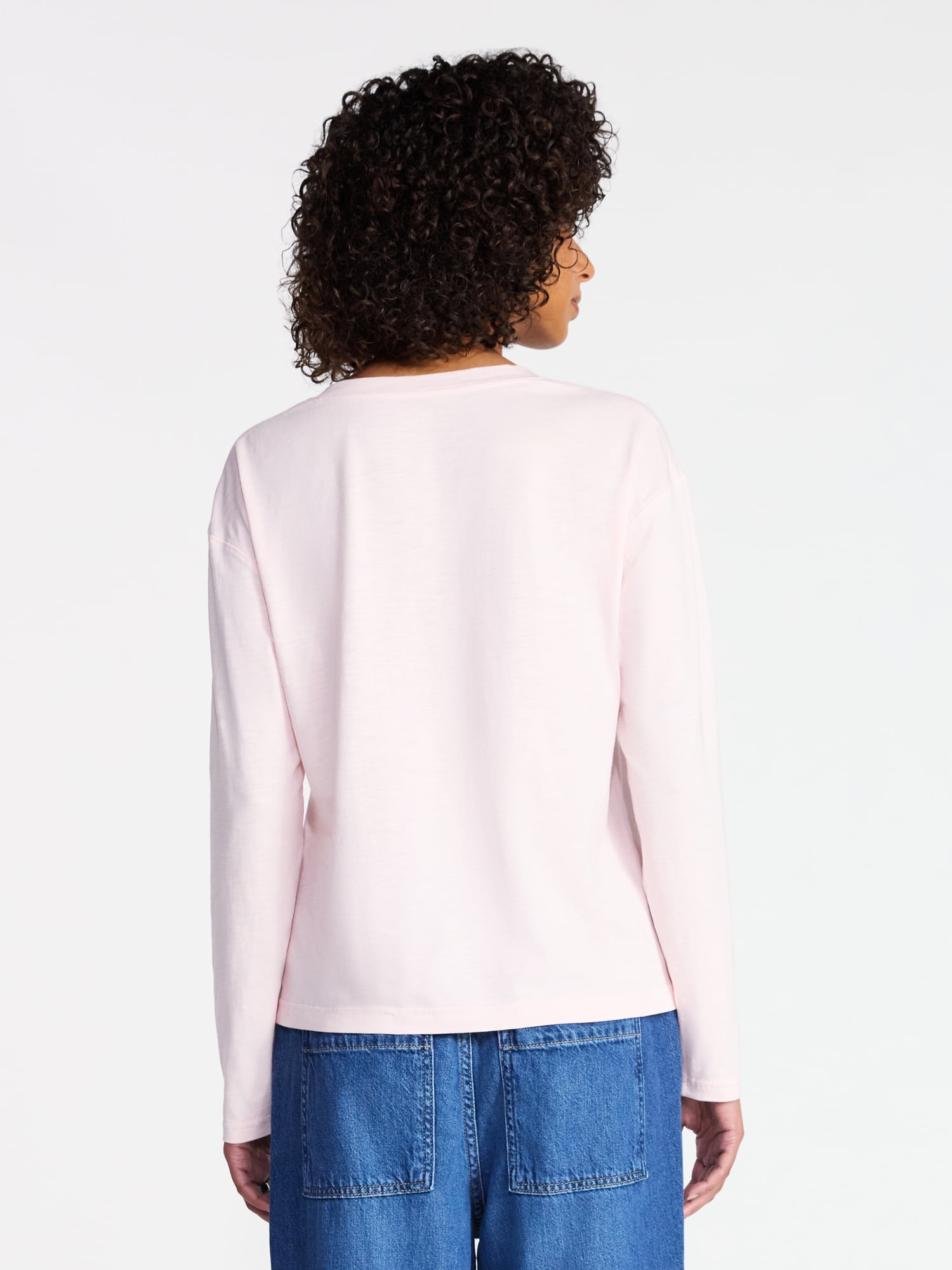 Time and Tru Women's Boxy Slub V-Neck Tee with Long Sleeves, Sizes XS-XXXL