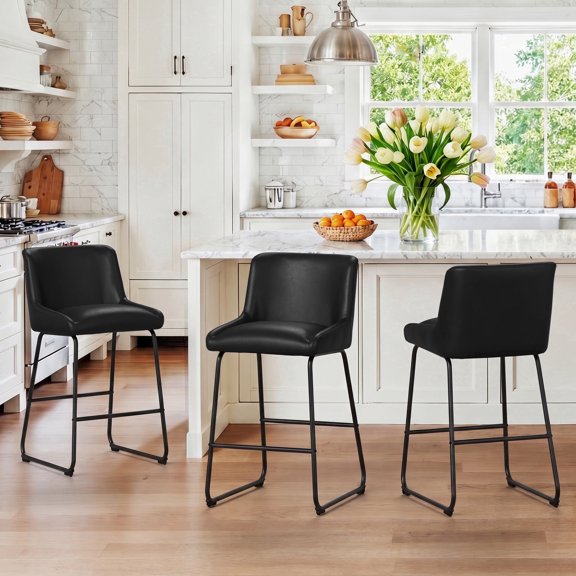 Dycanpo Counter Height Bar Stools Set of 3, Faux Leather Kitchen Island Stools, 26 inch Black