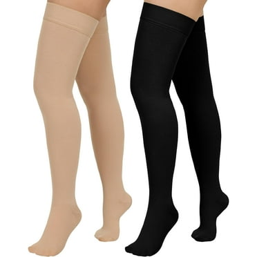 2 Pair Wukang 20-32mmHg Thigh High Compression Stocking Closed Toe Compression Socks for Women & Men(Beige Black)
