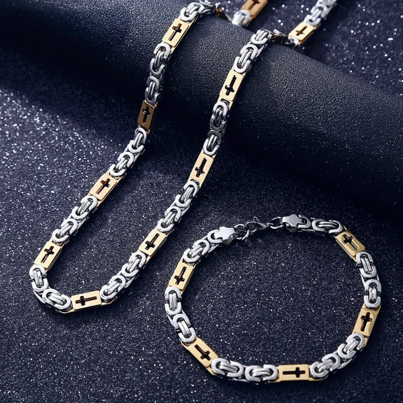 Stainless Steel Link Chains Set, Men's Cross Chain Necklace and Bracelet Combo