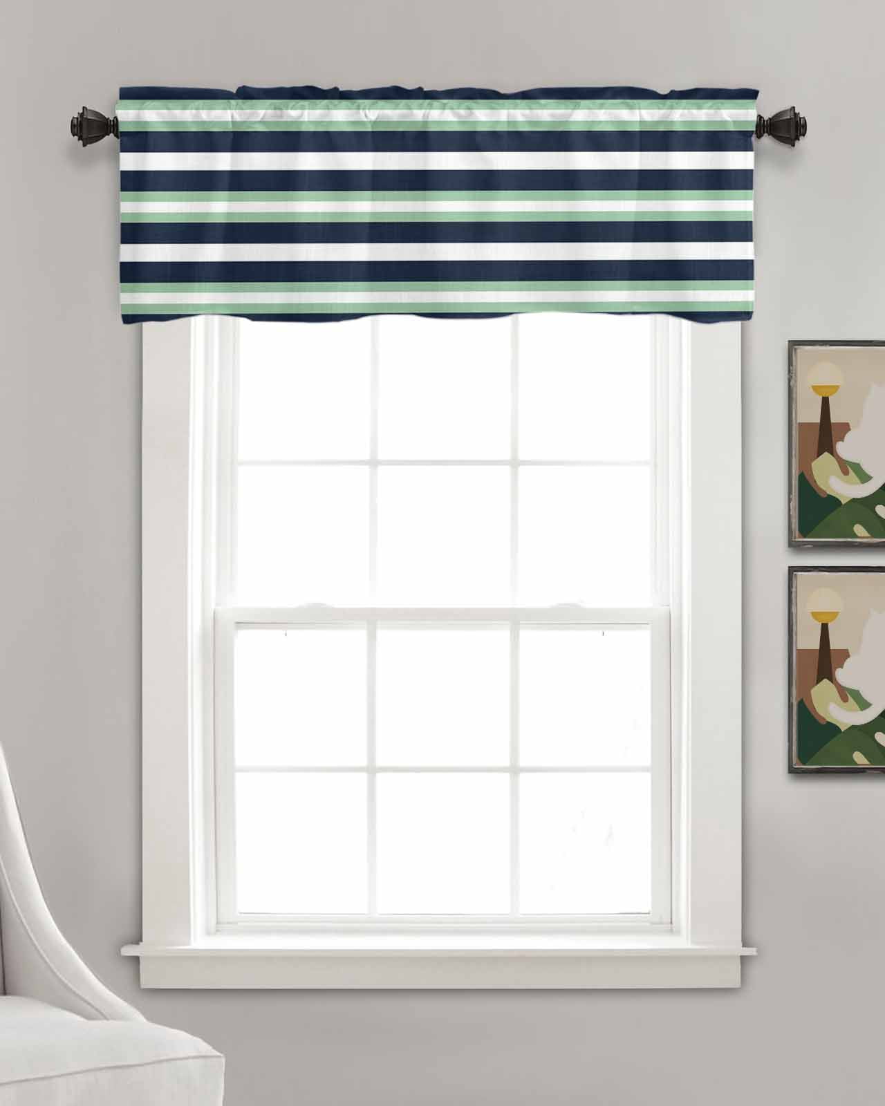 Green Navy Blue Striped Kitchen Valances for Windows Farmhouse Linen Window Valance Curtain for Living Room Window Treatment Chic Abstract Lines Geometric Valance Rod Pocket Topper, 42 x 18 Inch