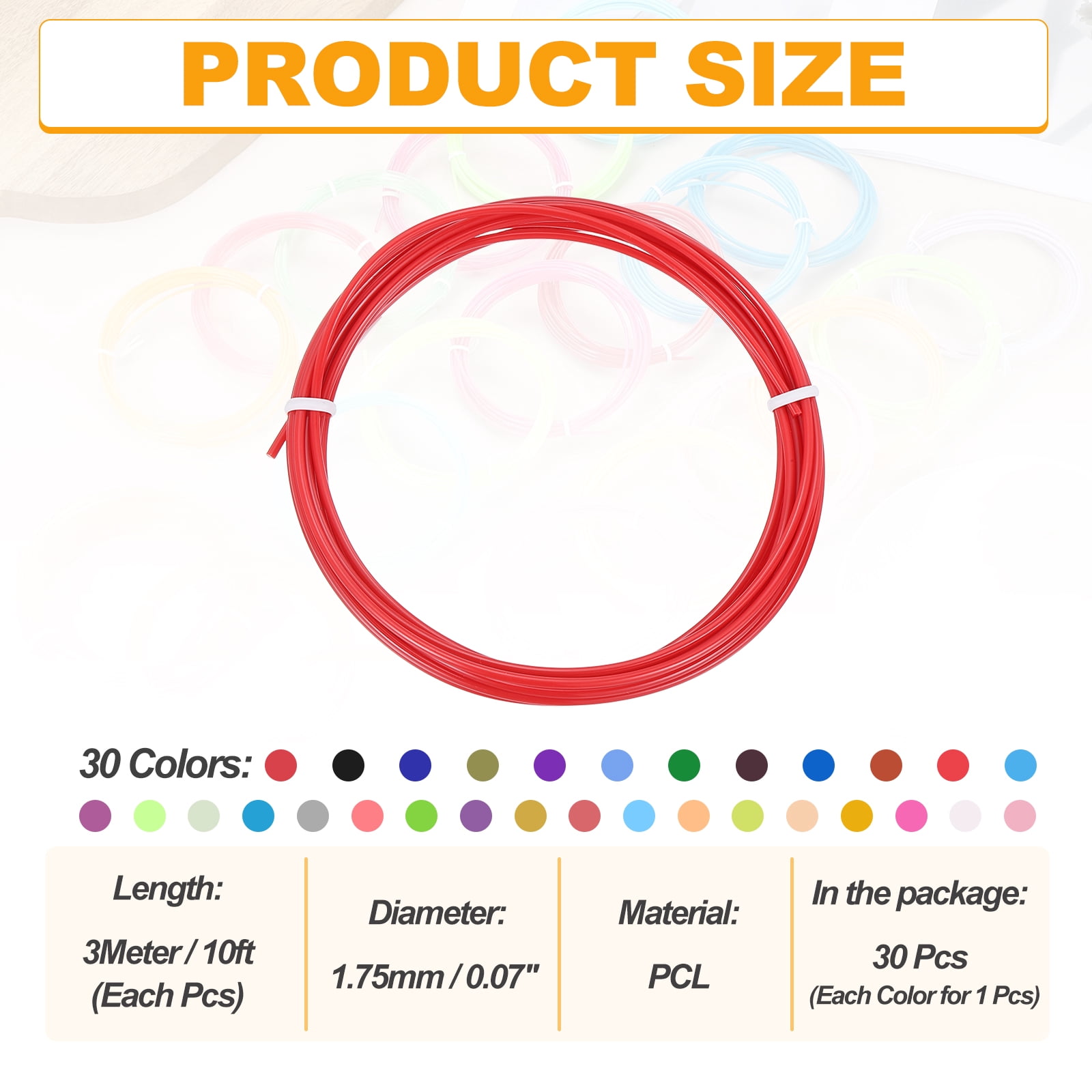 Uxcell 30 Colors 3D Pen Filament, 1.75mm Each 10FT, Total 300FT PCL Filament Refills Low Printing Temperature for 3D Drawing Pens