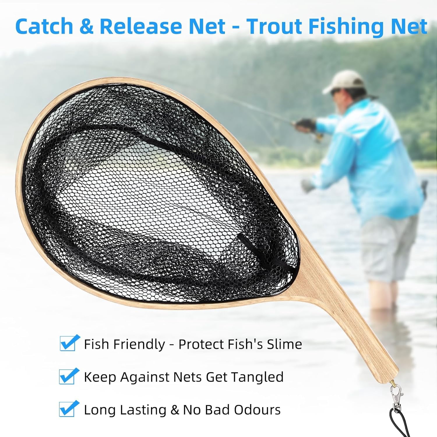 ATENOW Fly Fishing Landing Net Trout Fishing Net, Soft Rubber Catch and Release Fish Net with Wooden Handle Frame, 55.2*27.3*1.8cm