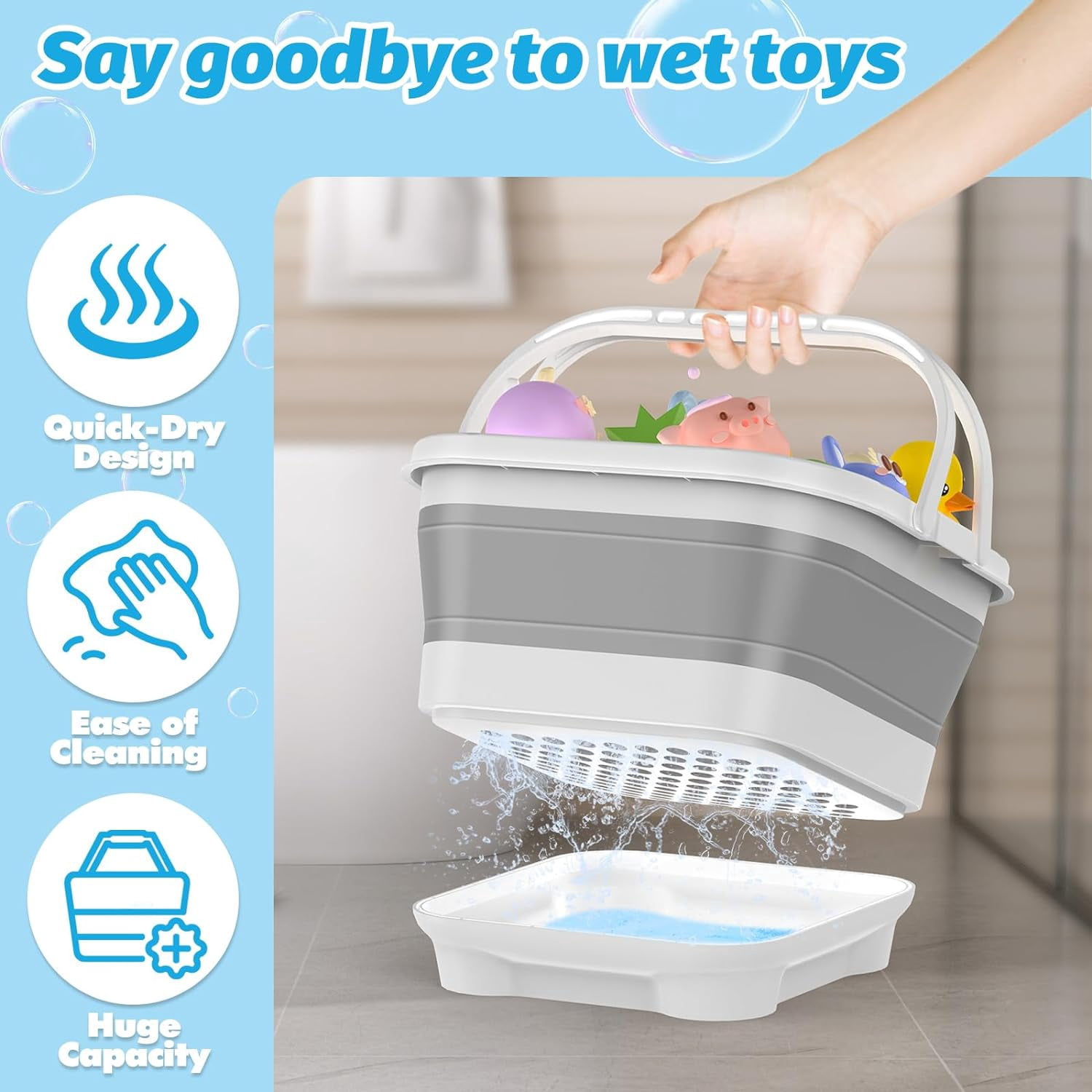 LC-dolida Bath Toy Storage Organizer, Foldable Bathtub Toy Holder Storage with Removable Base for Draining Drying, Bathroom Shower Toy Holder Baby Bath Toy Basket for Easy Storage (Gray)