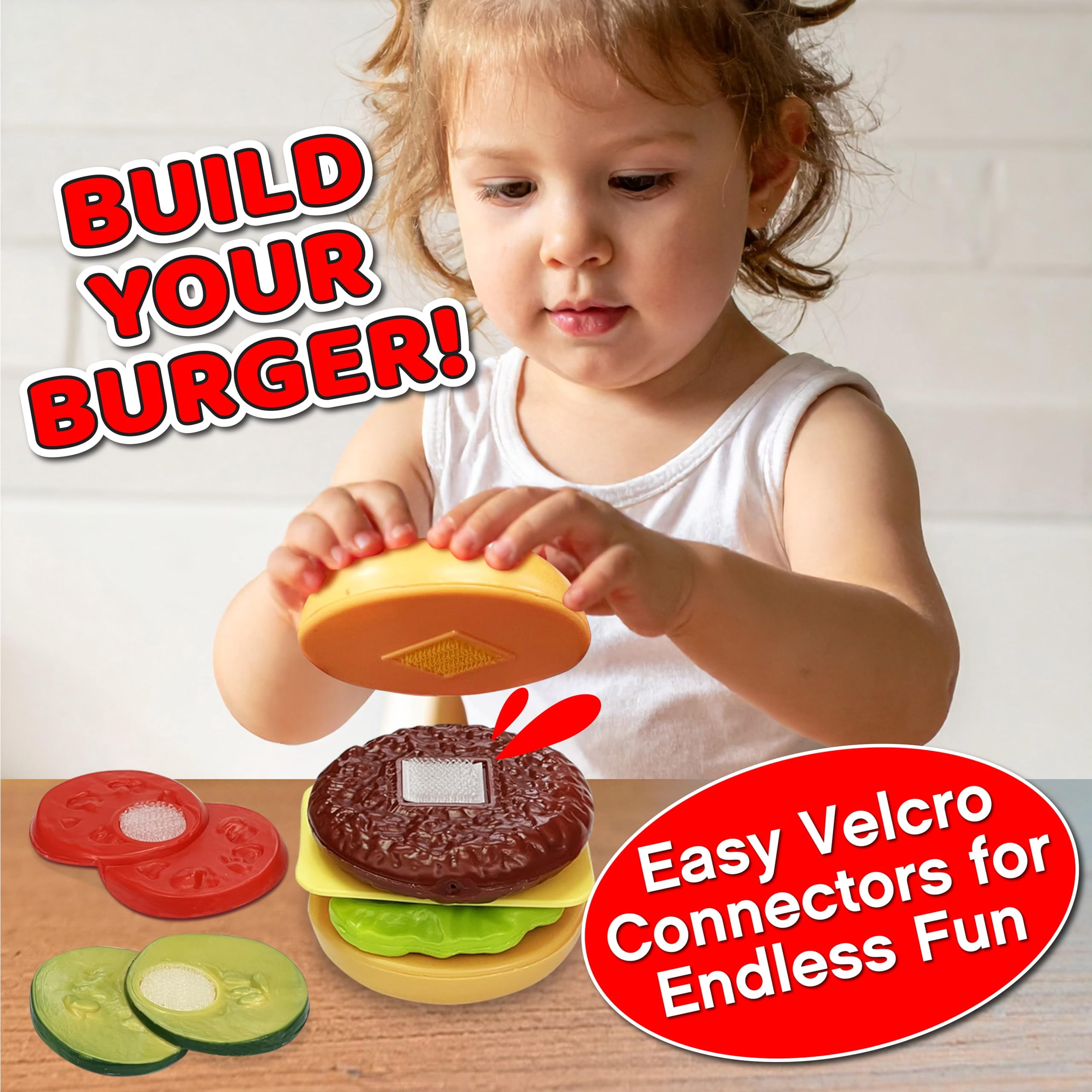 Small World Toys Build-A-Burger Pretend Play Food Set for Kids Ages 3+ Kitchen accessories, Mix and match pieces, Creative role play, Fine motor skills, Imaginative learning, Great birthday gift