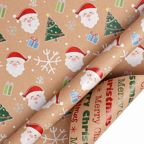 Kraft Christmas Wrapping Paper Roll, Reversible Santa Wrapping Paper, Cute Santa, Tree & Merry Christmas Letterings Pattern Thick Holiday Gift Wrap for Winter Celebrations 43*300