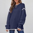 thumbnail image 7 of Women's Fashion Color Blocked Round Neck Long Sleeved Knitted Sweater Pullover Sweater Top for Fall Winter Stylish Casual Outfits,Navy,S, 7 of 7