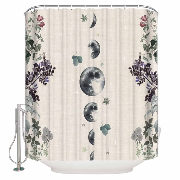 Fabric Shower Curtain, Moon Flowers Plants Retro Linen Bathroom Curtain with 12 Hooks Waterproof No Bad Odor Machine Washable Bath Curtains for Bathroom, Spa Room, 60"x72"
