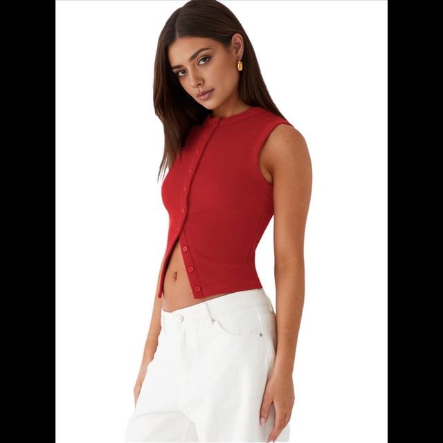 Chaleco de Mujer Sin Mangas, Cuello Redondo, Corte Ajustado, Acanalado, con Botones, Rojo, Talla M