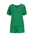thumbnail image 3 of LLYWEY Vacation Outfits for Women Summer 2 Piece Outfits Sets Solid Color Casual Loose V-Neck Short Sleeve Tops & Drawstring Shorts Sets New-27 Green L, 3 of 6