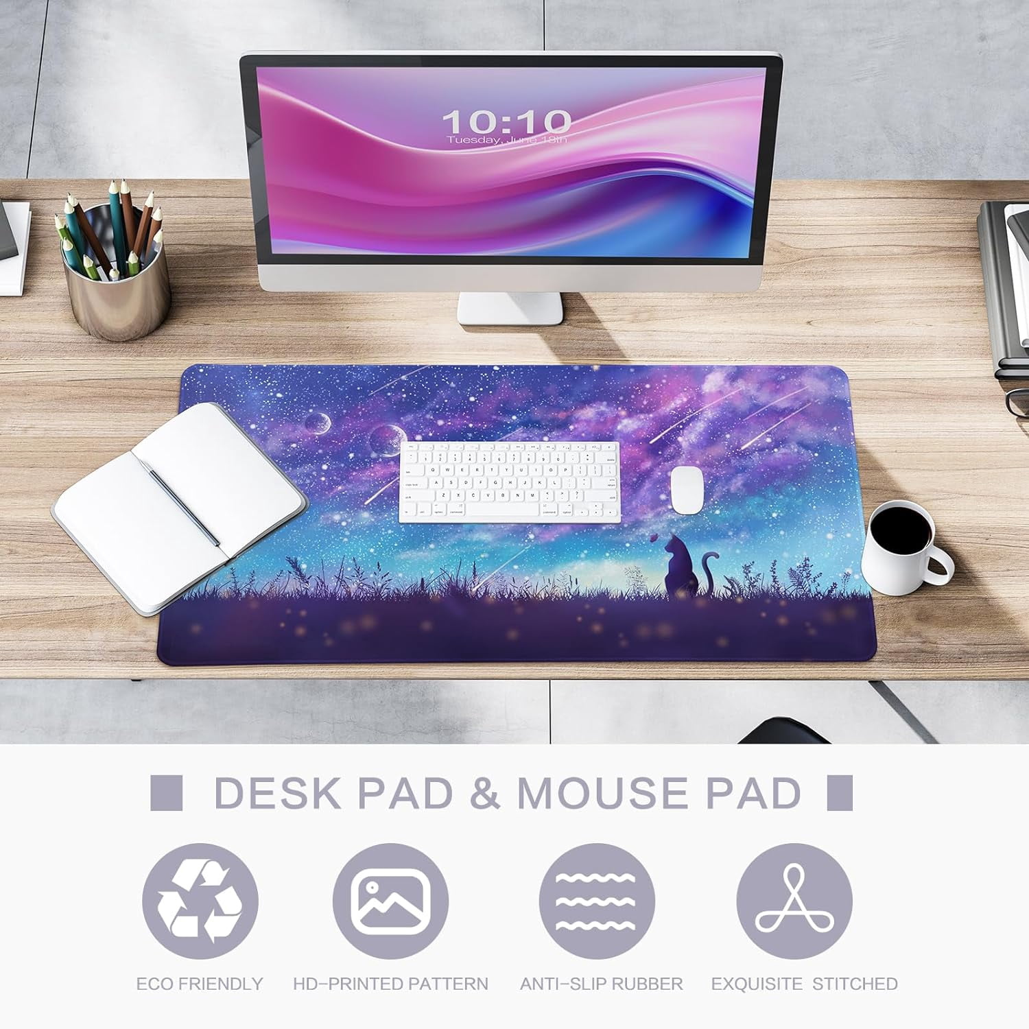 Gaming Mouse Pad, Large Mouse Pad for Desk, Desk Mat Extended Mousepad, Cute Purple DeskPad with Non-Slip Rubber Base, Computer Mats for Desktop Home Office (31.5"x15.7", Cat)