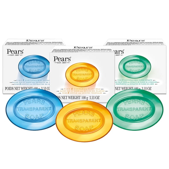 Pears Soap, Pure & Gentle Glycerin Soap Variety 3-Pack – Blue with Mint, Green with Lemon Flower Extract, and Amber with Natural Oils, 4.4 Oz Each